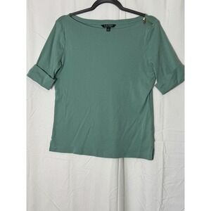 Lauren Ralph Lauren Sage Green Cotton Boat Neck Top Short Sleeve Cuffed Zipper L